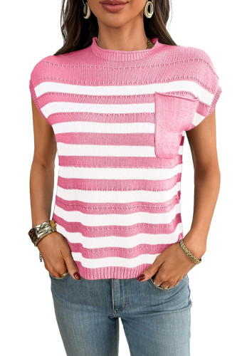 Round Neck Striped Knitted Pocket Sweater