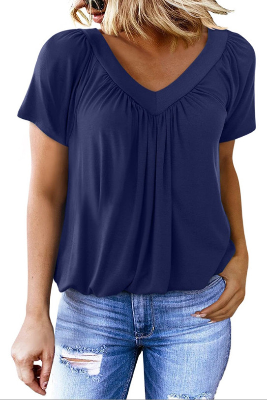 V-Neck Pleated Loose Short Sleeved T-Shirt