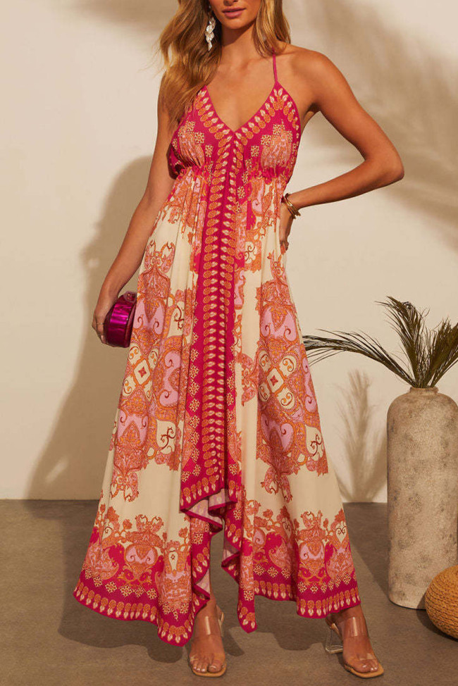 Off shoulder V-Neck Printed Suspender Dress