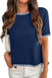 Round Neck Short Sleeved Striped Knitted Sweater