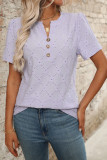 V-Neck Short Sleeved Flower Jacquard Button T-Shirt