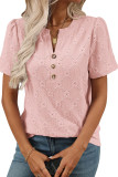 V-Neck Short Sleeved Flower Jacquard Button T-Shirt