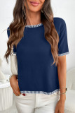 Round Neck Short Sleeved Striped Knitted Sweater