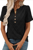 V-Neck Short Sleeved Flower Jacquard Button T-Shirt
