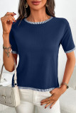 Round Neck Short Sleeved Striped Knitted Sweater