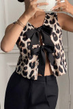 Leopard Print Lace Up Cardigan Sleeveless Vest