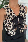 Leopard Print Lace Up Cardigan Sleeveless Vest