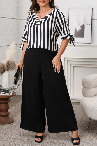 Large Size Striped Short Sleeved Pants Two-Piece Set