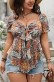 Large Size Loose Printed Short Sleeved Bow Shirt