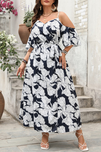 Large Size Holiday Style Printed Camisole Slit Dress
