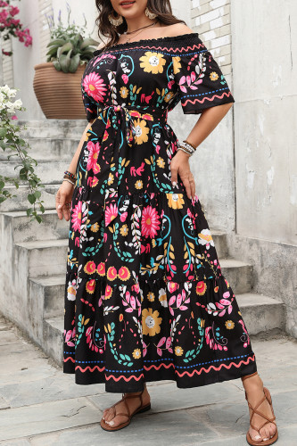 Large Size Printed One Shoulder Short Sleeve Dress