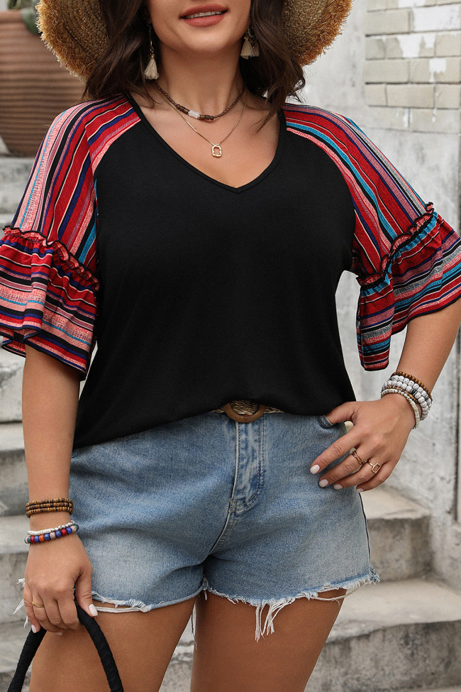 Large Size Loose V-Neck Ruffled Short Sleeved Shirt