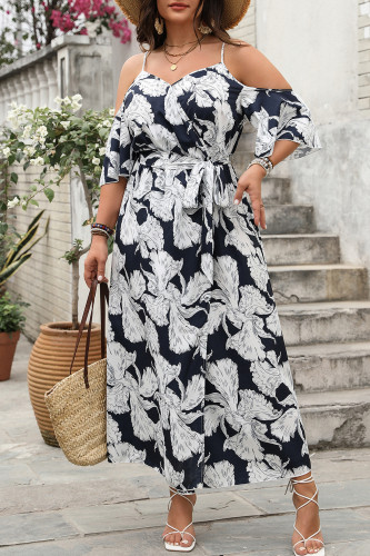 Large Size Holiday Style Printed Camisole Slit Dress