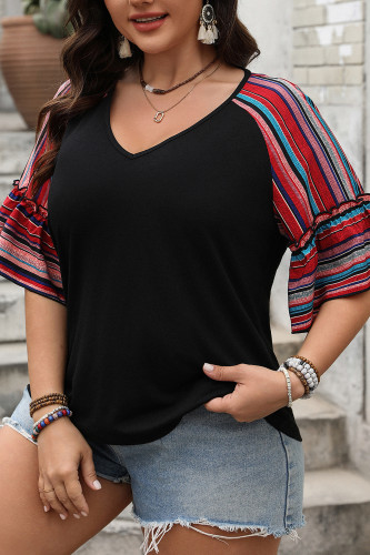 Large Size Loose V-Neck Ruffled Short Sleeved Shirt