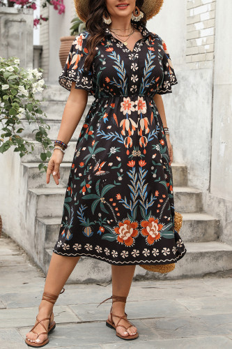 Large Size Bohemian V-Neck High Waist Dress