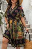 Large Size High Waist Loose Printed V-Neck Dress