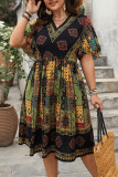 Large Size High Waist Loose Printed V-Neck Dress