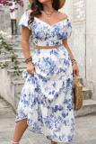 Printed V-Neck Lantern Sleeve Shirt Skirt Two-Piece Set
