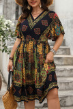 Large Size High Waist Loose Printed V-Neck Dress