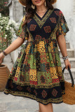 Large Size High Waist Loose Printed V-Neck Dress