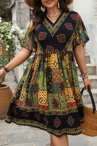 Large Size High Waist Loose Printed V-Neck Dress