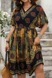 Large Size High Waist Loose Printed V-Neck Dress