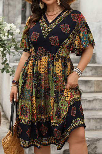 Large Size High Waist Loose Printed V-Neck Dress