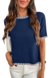Round Neck Striped Knitted Short Sleeved Sweater
