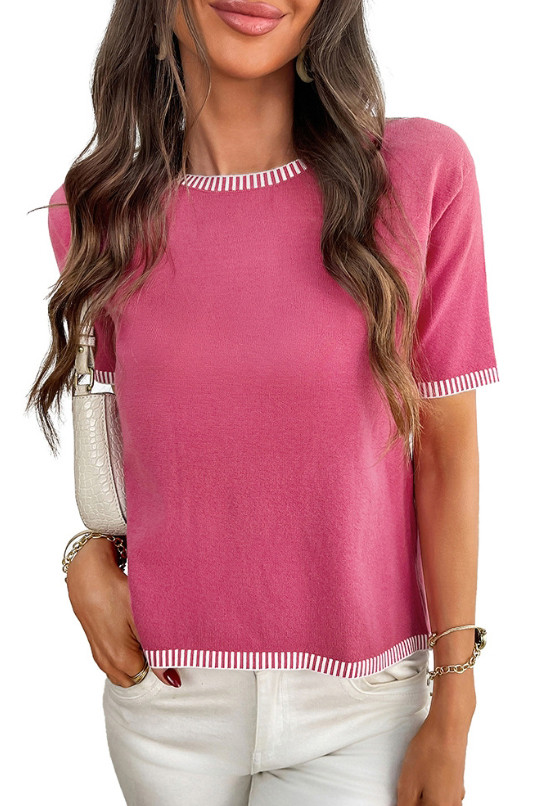 Round Neck Striped Knitted Short Sleeved Sweater
