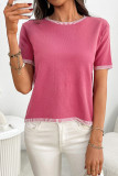Round Neck Striped Knitted Short Sleeved Sweater