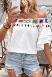 Solid Color Swiss Dot Ruffled Short Sleeved Shirt