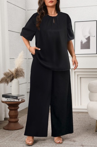 Round Neck Shirt Loose Wide Leg Pants Two-Piece Set