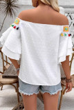 Solid Color Swiss Dot Ruffled Short Sleeved Shirt