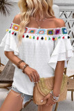 Solid Color Swiss Dot Ruffled Short Sleeved Shirt