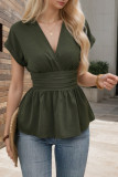 V-Neck Cinched Waist Solid Color Pleated  T-Shirt