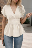 V-Neck Cinched Waist Solid Color Pleated  T-Shirt