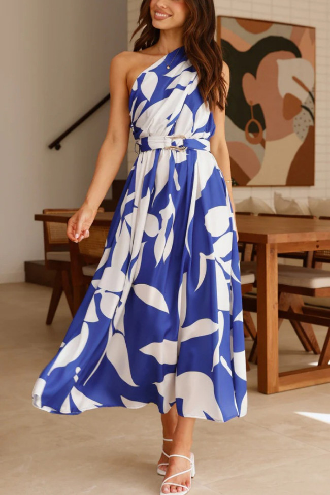 Printed Off Shoulder Cinched Sleeveless Dress