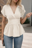 V-Neck Cinched Waist Solid Color Pleated  T-Shirt