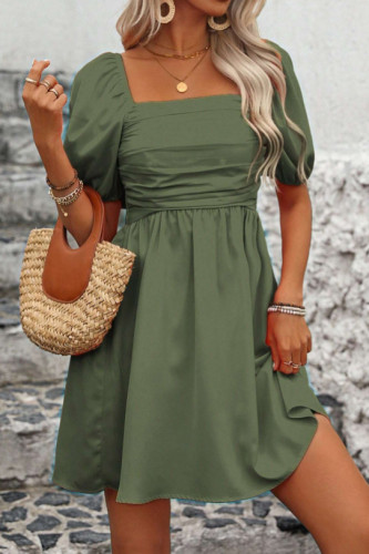 Solid Color Square Neck Bubble Short Sleeve Dress