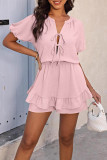 Hollow Out Short Sleeved Lotus Leaf Sleeve Jumpsuit