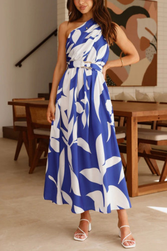 Printed Off Shoulder Cinched Sleeveless Dress