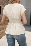 V-Neck Cinched Waist Solid Color Pleated  T-Shirt