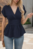 V-Neck Cinched Waist Solid Color Pleated  T-Shirt