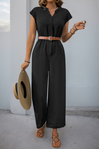 Solid Color Short Sleeved Straight Leg Jumpsuit