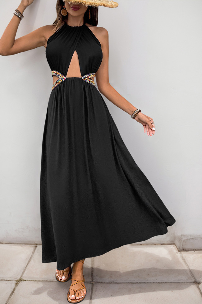 Ethnic Style Hanging Neck Sleeveless Hollow Dress