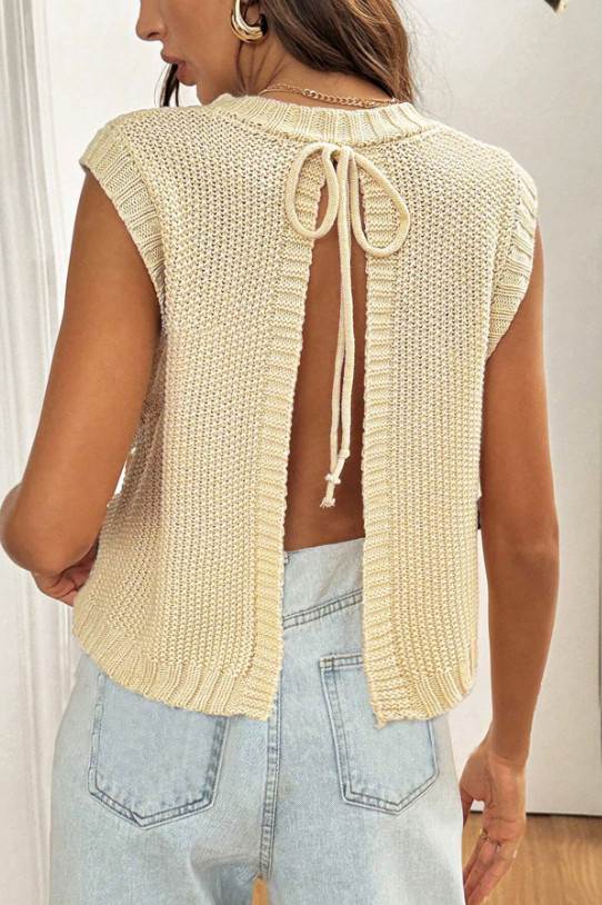 Round Neck Backless Slit Sleeveless Knit Sweater