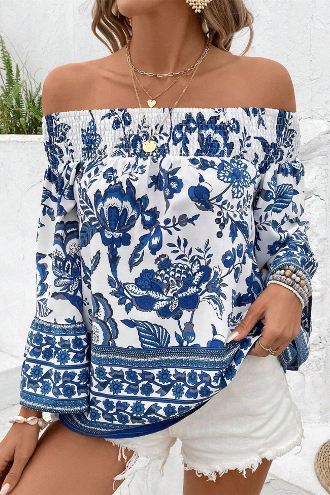 One Shoulder Floral Printed Long Sleeve T-Shirt