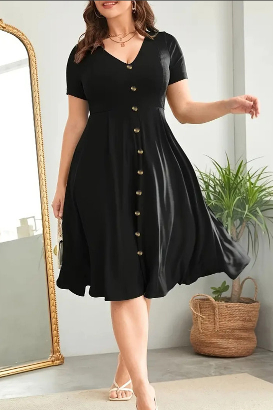 Large Size V-Neck Solid Color Breasted Dress