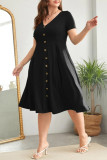 Large Size V-Neck Solid Color Breasted Dress