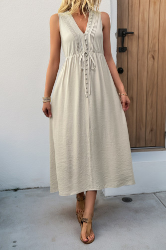 Solid Color V-Neck Waist Cinched Sleeveless Vest Dress